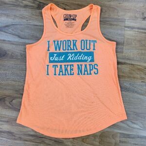 🔺️Chin-Up Neon Orange "I Work Out" Racerback Sleeveless Top Large